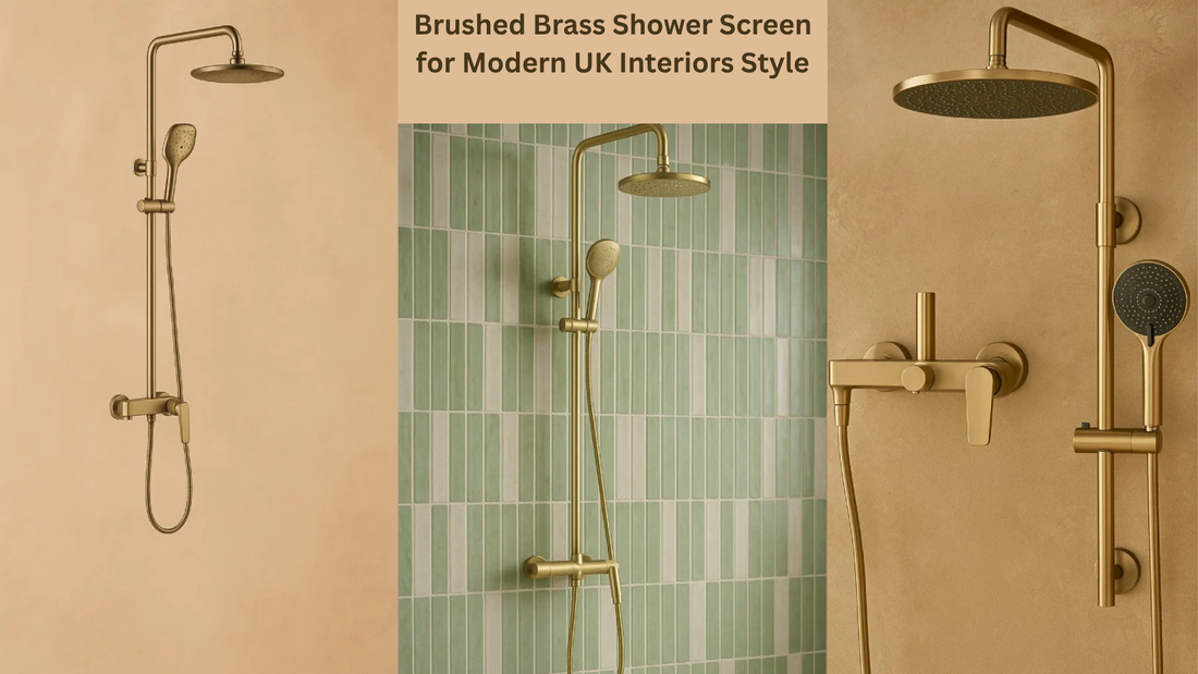 Brushed brass shower system in a modern UK bathroom with luxury brass fixtures and rainfall shower head.