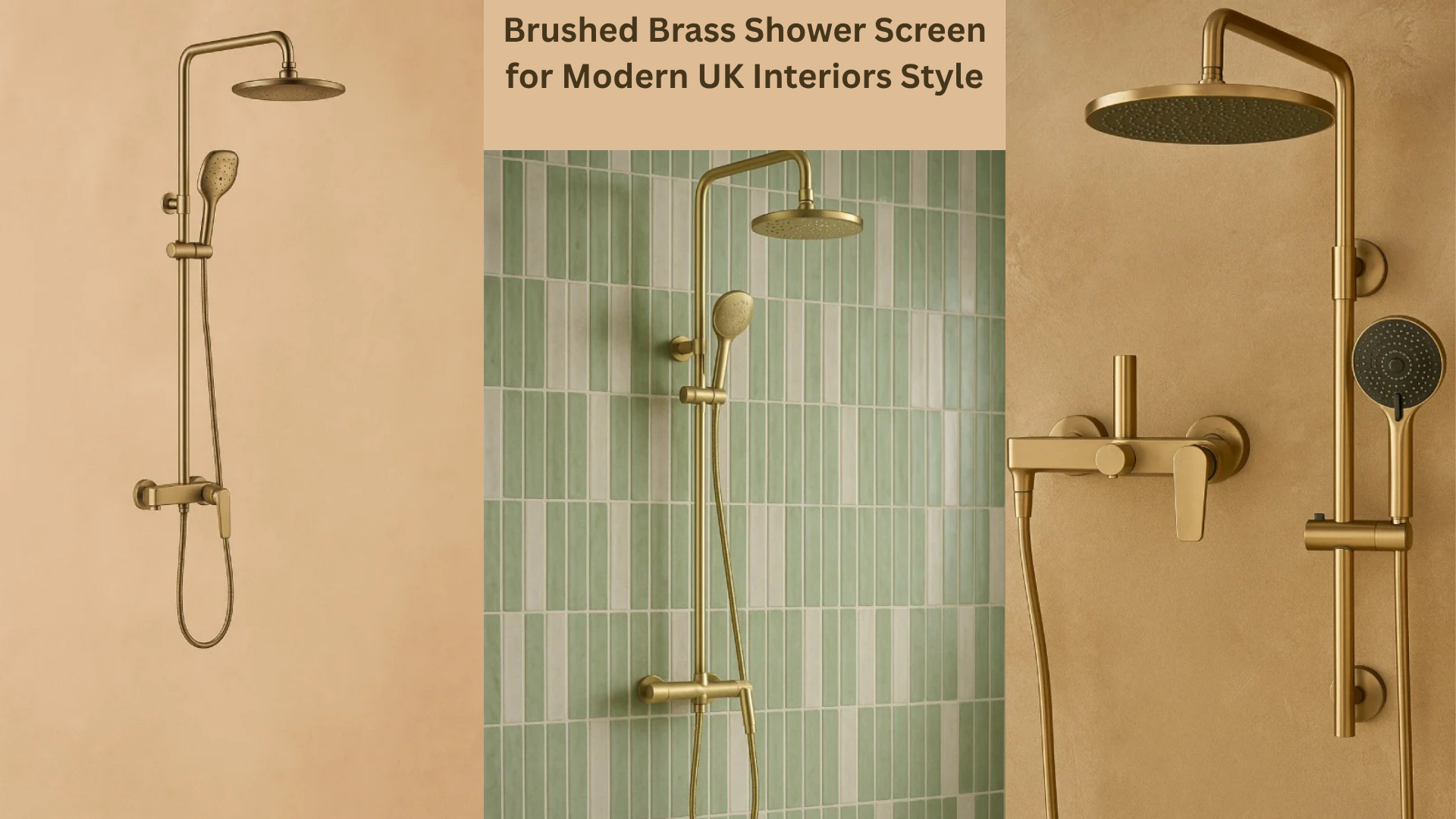 Brushed brass shower system in a modern UK bathroom with luxury brass fixtures and rainfall shower head.