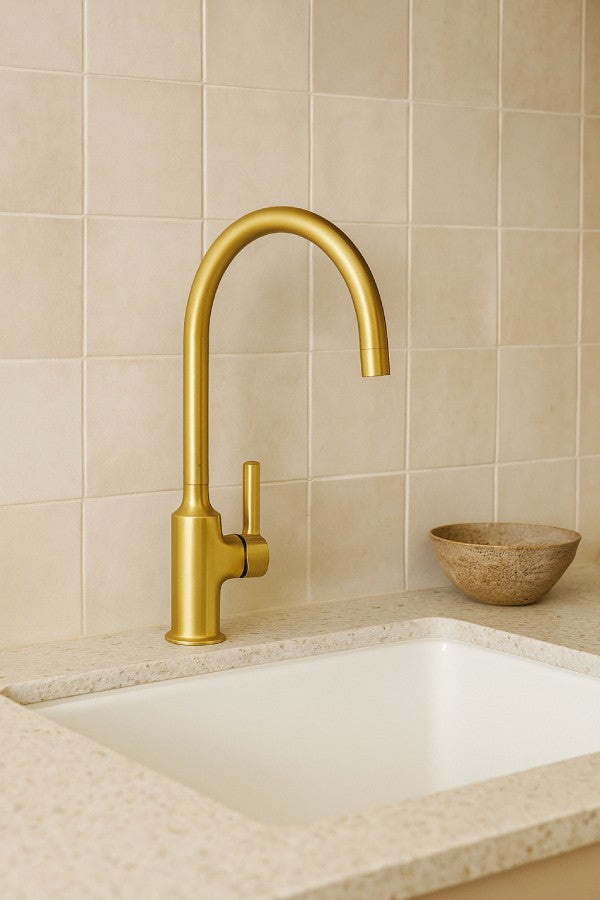 The Camden Brushed Brass Gooseneck Kitchen Tap